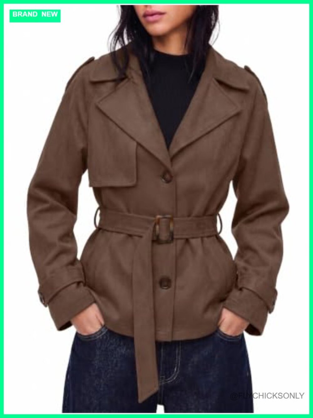 Faux Suede Trench Coat Short Belted Button Down Casual Jacket